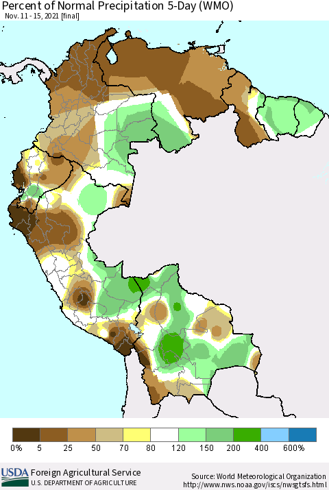 Northern South America Percent of Normal Precipitation 5-Day (WMO) Thematic Map For 11/11/2021 - 11/15/2021