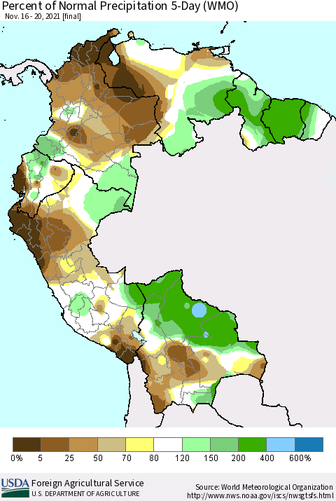 Northern South America Percent of Normal Precipitation 5-Day (WMO) Thematic Map For 11/16/2021 - 11/20/2021