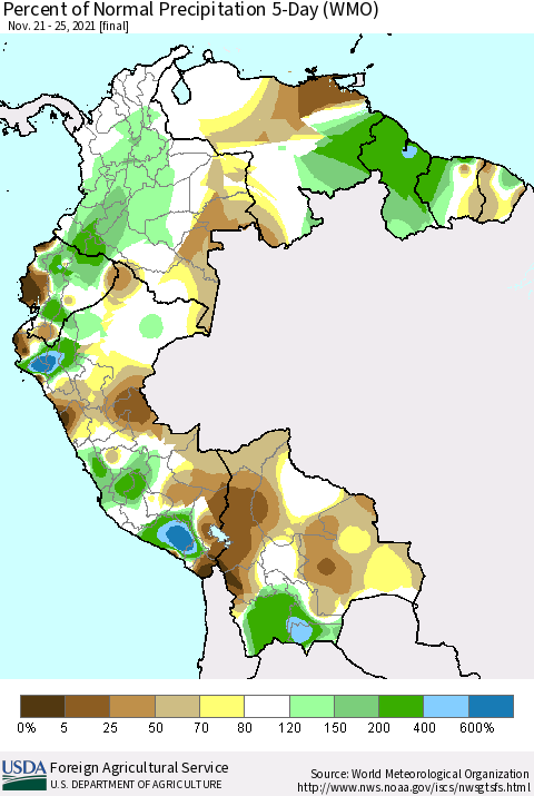 Northern South America Percent of Normal Precipitation 5-Day (WMO) Thematic Map For 11/21/2021 - 11/25/2021