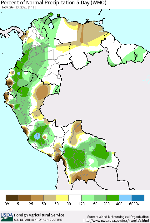 Northern South America Percent of Normal Precipitation 5-Day (WMO) Thematic Map For 11/26/2021 - 11/30/2021