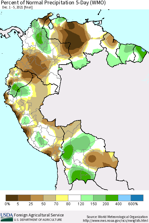 Northern South America Percent of Normal Precipitation 5-Day (WMO) Thematic Map For 12/1/2021 - 12/5/2021