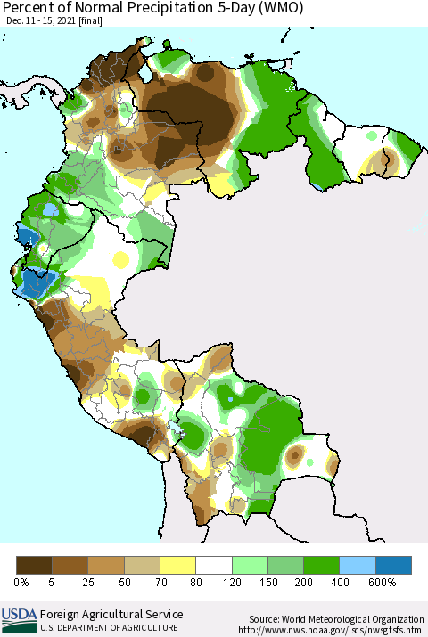 Northern South America Percent of Normal Precipitation 5-Day (WMO) Thematic Map For 12/11/2021 - 12/15/2021