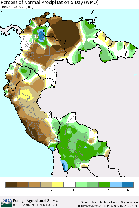 Northern South America Percent of Normal Precipitation 5-Day (WMO) Thematic Map For 12/21/2021 - 12/25/2021