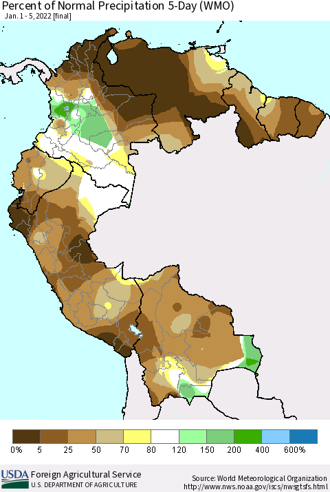 Northern South America Percent of Normal Precipitation 5-Day (WMO) Thematic Map For 1/1/2022 - 1/5/2022