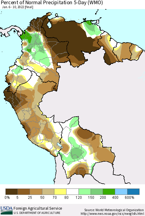 Northern South America Percent of Normal Precipitation 5-Day (WMO) Thematic Map For 1/6/2022 - 1/10/2022