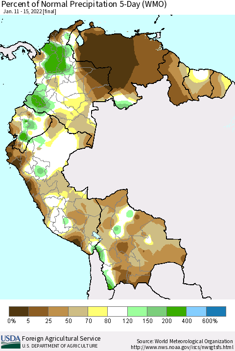 Northern South America Percent of Normal Precipitation 5-Day (WMO) Thematic Map For 1/11/2022 - 1/15/2022