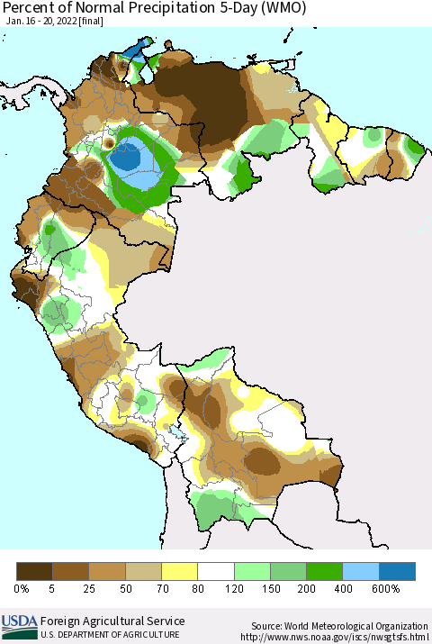 Northern South America Percent of Normal Precipitation 5-Day (WMO) Thematic Map For 1/16/2022 - 1/20/2022
