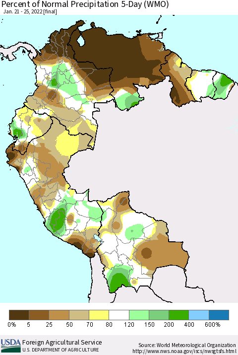 Northern South America Percent of Normal Precipitation 5-Day (WMO) Thematic Map For 1/21/2022 - 1/25/2022