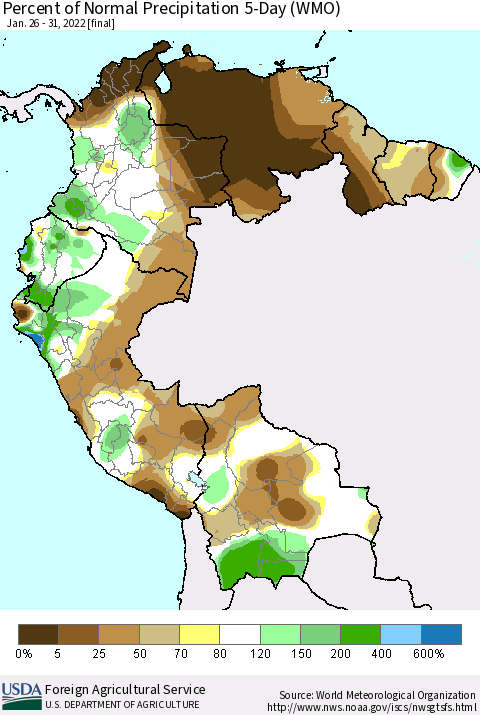 Northern South America Percent of Normal Precipitation 5-Day (WMO) Thematic Map For 1/26/2022 - 1/31/2022