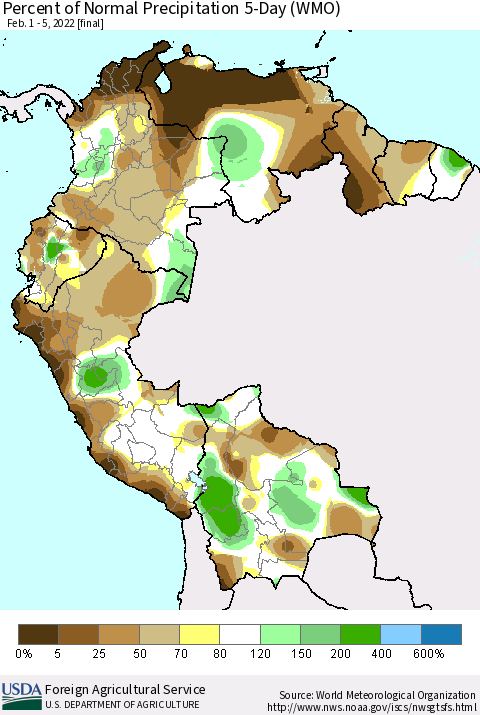 Northern South America Percent of Normal Precipitation 5-Day (WMO) Thematic Map For 2/1/2022 - 2/5/2022