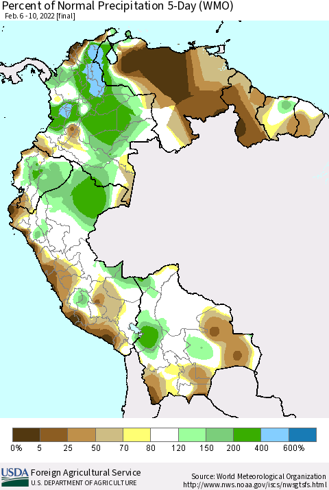 Northern South America Percent of Normal Precipitation 5-Day (WMO) Thematic Map For 2/6/2022 - 2/10/2022
