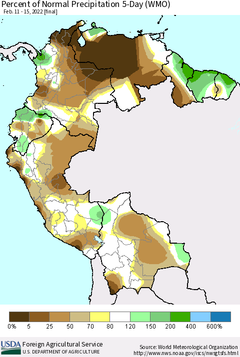 Northern South America Percent of Normal Precipitation 5-Day (WMO) Thematic Map For 2/11/2022 - 2/15/2022