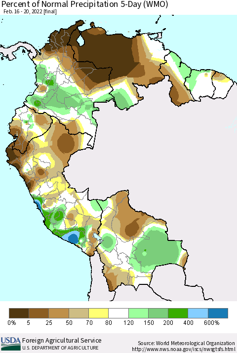 Northern South America Percent of Normal Precipitation 5-Day (WMO) Thematic Map For 2/16/2022 - 2/20/2022