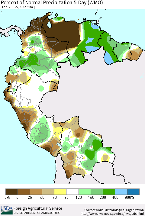 Northern South America Percent of Normal Precipitation 5-Day (WMO) Thematic Map For 2/21/2022 - 2/25/2022