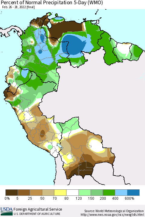 Northern South America Percent of Normal Precipitation 5-Day (WMO) Thematic Map For 2/26/2022 - 2/28/2022