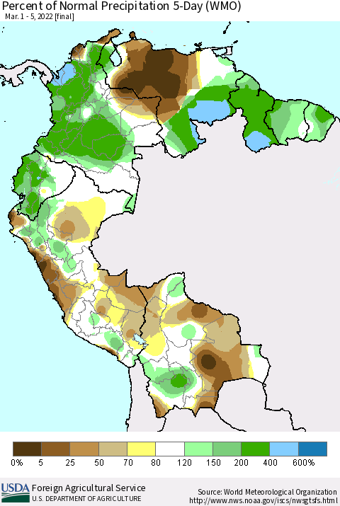 Northern South America Percent of Normal Precipitation 5-Day (WMO) Thematic Map For 3/1/2022 - 3/5/2022