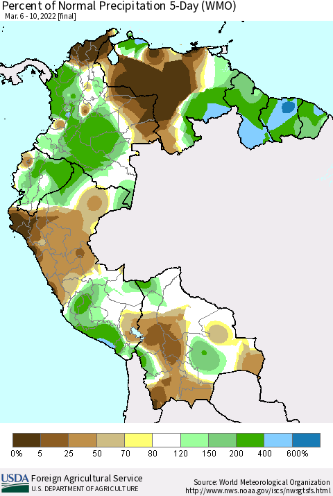 Northern South America Percent of Normal Precipitation 5-Day (WMO) Thematic Map For 3/6/2022 - 3/10/2022