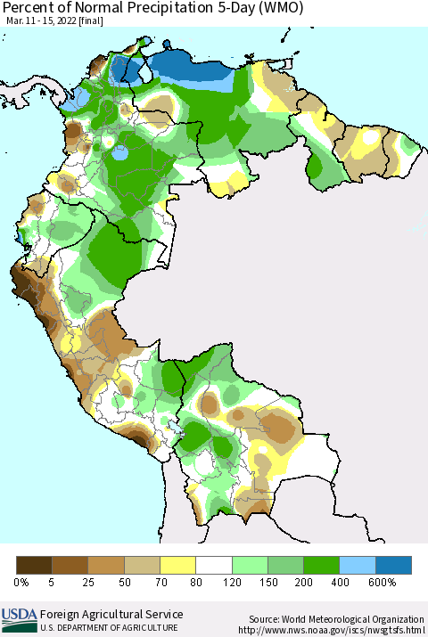 Northern South America Percent of Normal Precipitation 5-Day (WMO) Thematic Map For 3/11/2022 - 3/15/2022