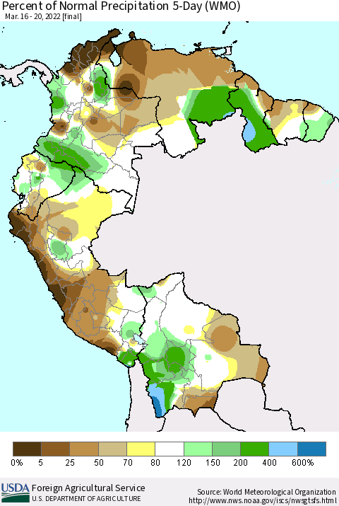 Northern South America Percent of Normal Precipitation 5-Day (WMO) Thematic Map For 3/16/2022 - 3/20/2022