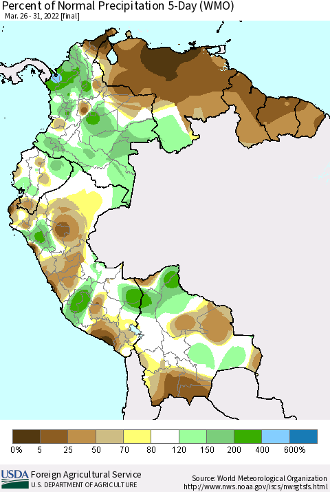 Northern South America Percent of Normal Precipitation 5-Day (WMO) Thematic Map For 3/26/2022 - 3/31/2022