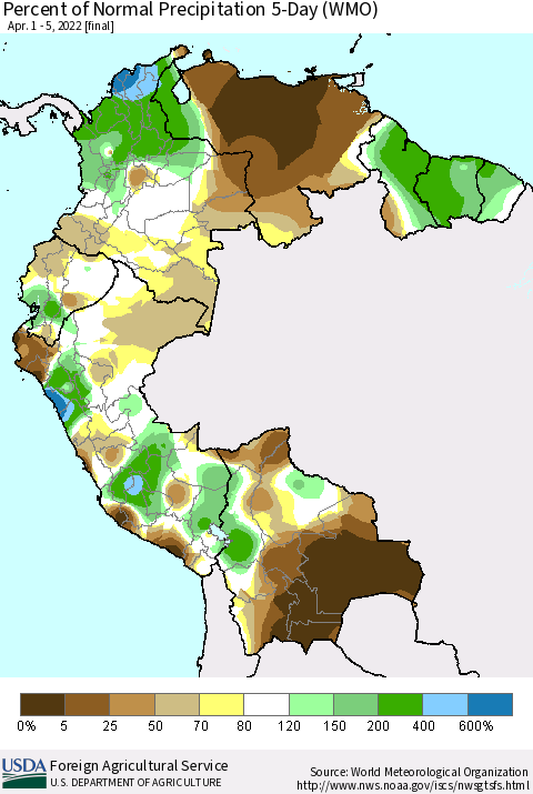 Northern South America Percent of Normal Precipitation 5-Day (WMO) Thematic Map For 4/1/2022 - 4/5/2022