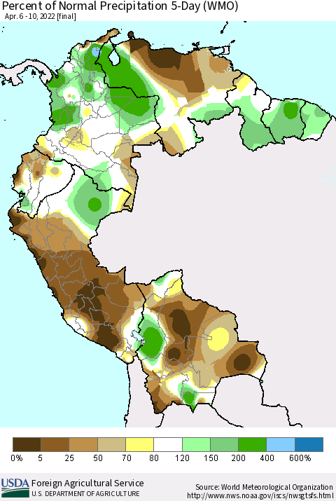 Northern South America Percent of Normal Precipitation 5-Day (WMO) Thematic Map For 4/6/2022 - 4/10/2022