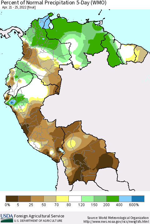 Northern South America Percent of Normal Precipitation 5-Day (WMO) Thematic Map For 4/21/2022 - 4/25/2022