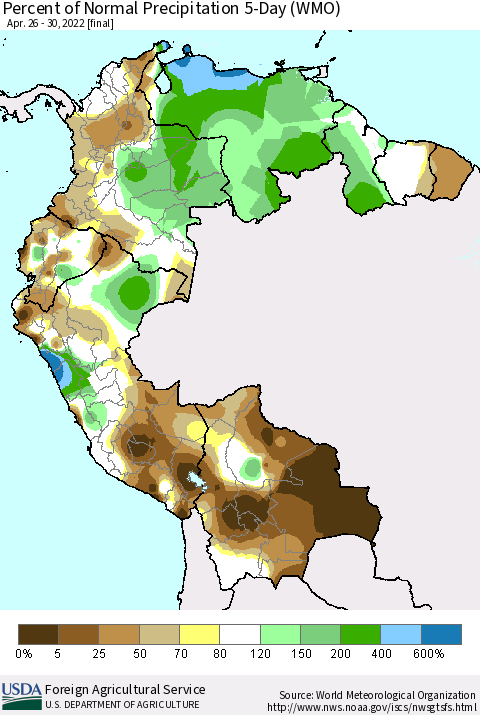 Northern South America Percent of Normal Precipitation 5-Day (WMO) Thematic Map For 4/26/2022 - 4/30/2022