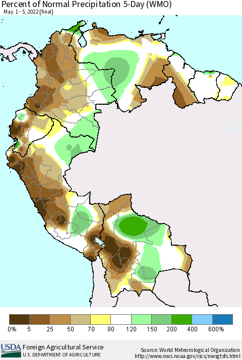 Northern South America Percent of Normal Precipitation 5-Day (WMO) Thematic Map For 5/1/2022 - 5/5/2022