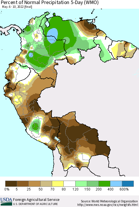 Northern South America Percent of Normal Precipitation 5-Day (WMO) Thematic Map For 5/6/2022 - 5/10/2022