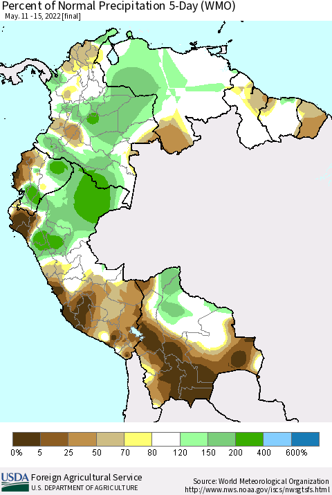 Northern South America Percent of Normal Precipitation 5-Day (WMO) Thematic Map For 5/11/2022 - 5/15/2022