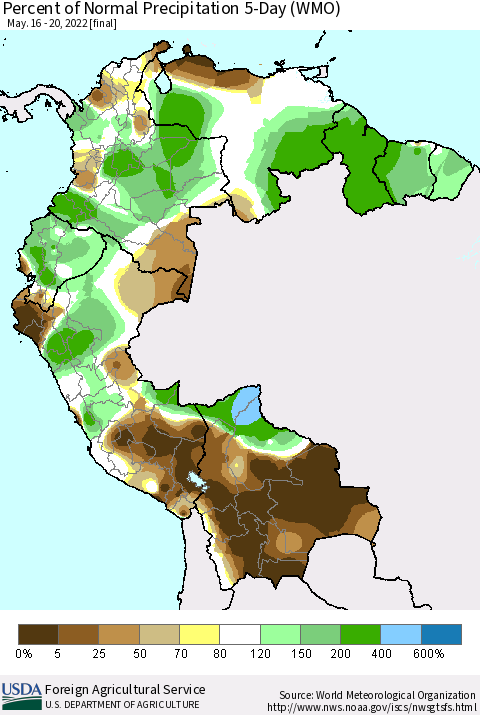 Northern South America Percent of Normal Precipitation 5-Day (WMO) Thematic Map For 5/16/2022 - 5/20/2022