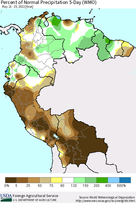 Northern South America Percent of Normal Precipitation 5-Day (WMO) Thematic Map For 5/21/2022 - 5/25/2022