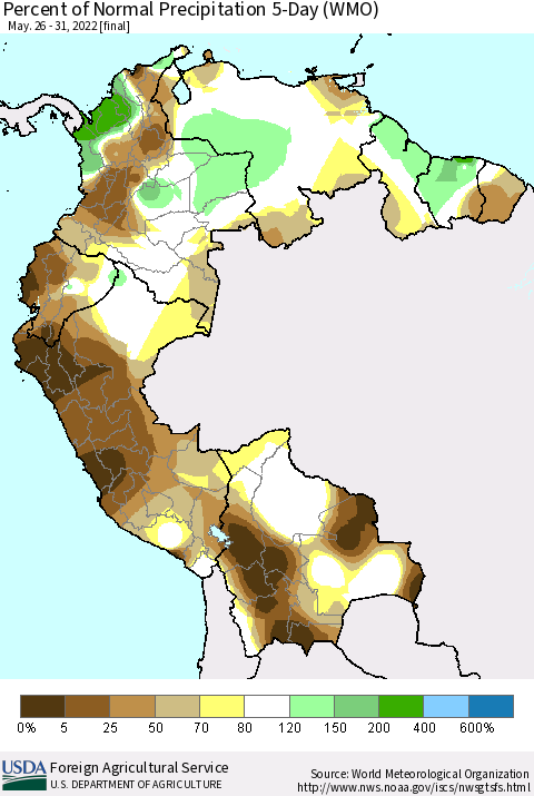 Northern South America Percent of Normal Precipitation 5-Day (WMO) Thematic Map For 5/26/2022 - 5/31/2022
