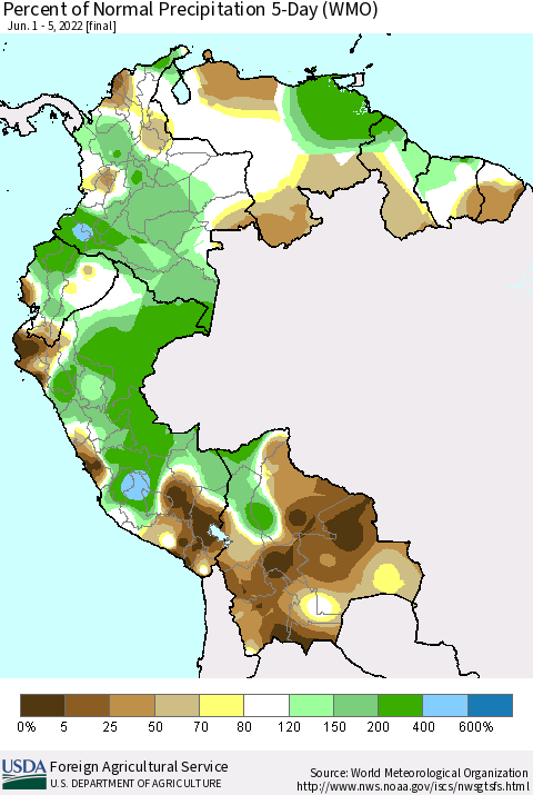 Northern South America Percent of Normal Precipitation 5-Day (WMO) Thematic Map For 6/1/2022 - 6/5/2022