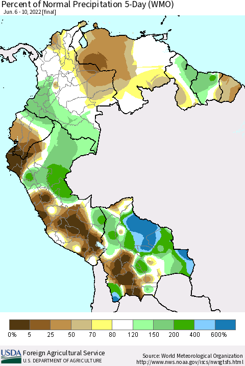 Northern South America Percent of Normal Precipitation 5-Day (WMO) Thematic Map For 6/6/2022 - 6/10/2022