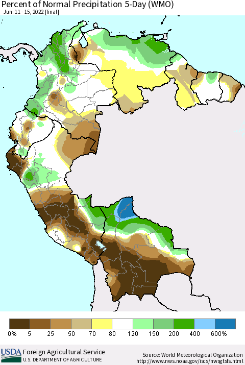 Northern South America Percent of Normal Precipitation 5-Day (WMO) Thematic Map For 6/11/2022 - 6/15/2022