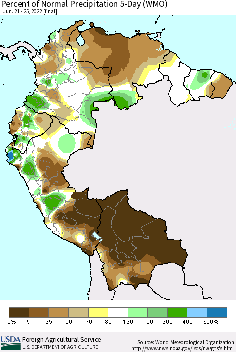 Northern South America Percent of Normal Precipitation 5-Day (WMO) Thematic Map For 6/21/2022 - 6/25/2022