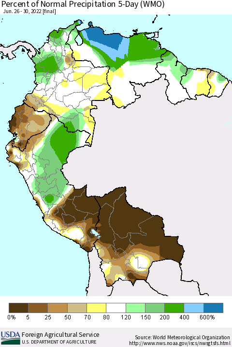 Northern South America Percent of Normal Precipitation 5-Day (WMO) Thematic Map For 6/26/2022 - 6/30/2022