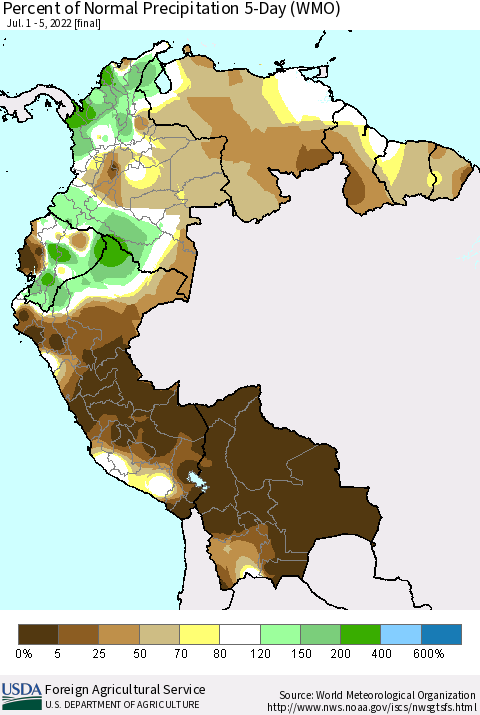 Northern South America Percent of Normal Precipitation 5-Day (WMO) Thematic Map For 7/1/2022 - 7/5/2022