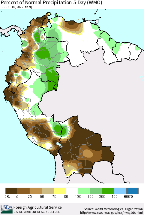 Northern South America Percent of Normal Precipitation 5-Day (WMO) Thematic Map For 7/6/2022 - 7/10/2022