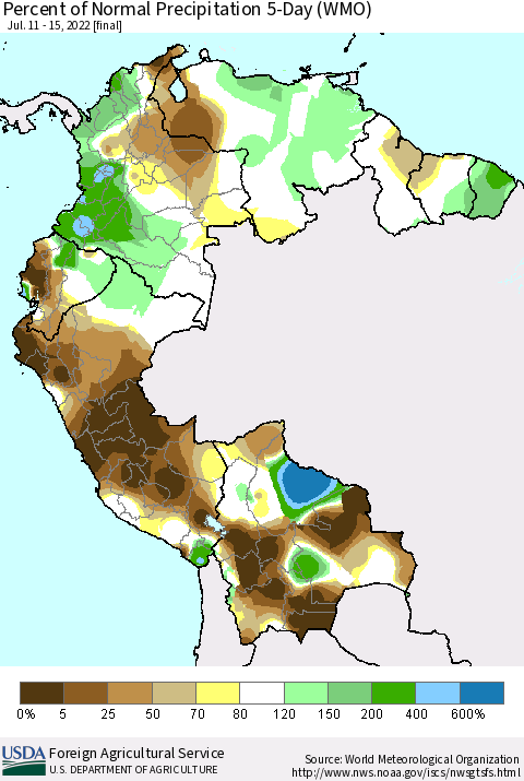 Northern South America Percent of Normal Precipitation 5-Day (WMO) Thematic Map For 7/11/2022 - 7/15/2022