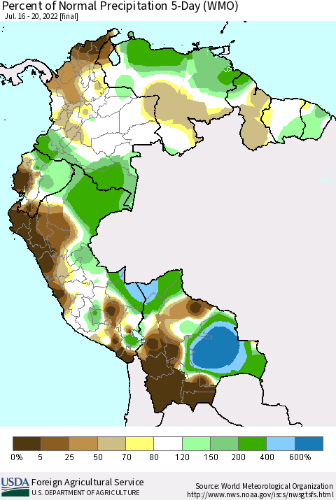 Northern South America Percent of Normal Precipitation 5-Day (WMO) Thematic Map For 7/16/2022 - 7/20/2022