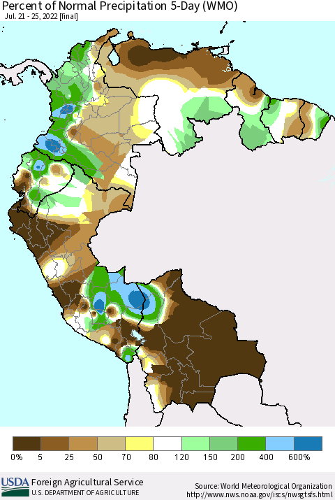 Northern South America Percent of Normal Precipitation 5-Day (WMO) Thematic Map For 7/21/2022 - 7/25/2022