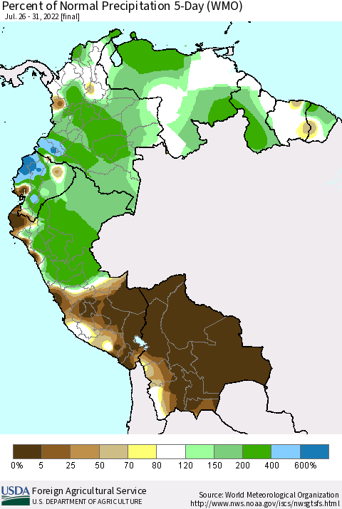 Northern South America Percent of Normal Precipitation 5-Day (WMO) Thematic Map For 7/26/2022 - 7/31/2022