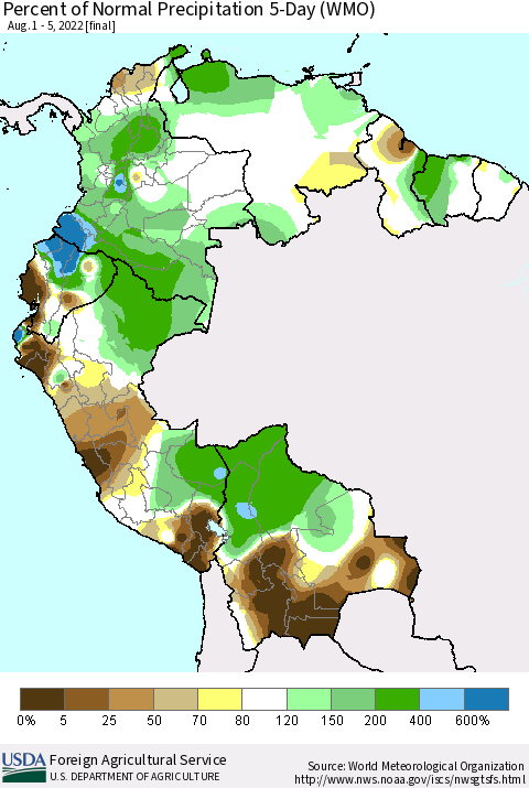 Northern South America Percent of Normal Precipitation 5-Day (WMO) Thematic Map For 8/1/2022 - 8/5/2022