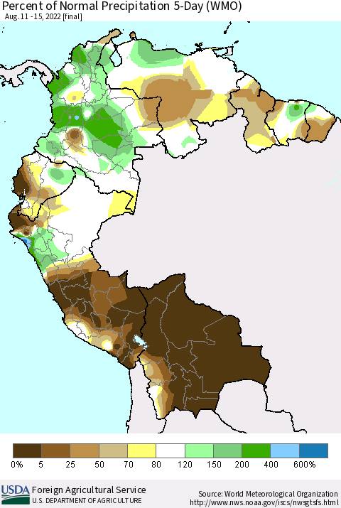 Northern South America Percent of Normal Precipitation 5-Day (WMO) Thematic Map For 8/11/2022 - 8/15/2022