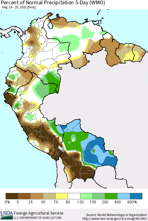 Northern South America Percent of Normal Precipitation 5-Day (WMO) Thematic Map For 8/16/2022 - 8/20/2022