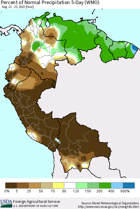 Northern South America Percent of Normal Precipitation 5-Day (WMO) Thematic Map For 8/21/2022 - 8/25/2022