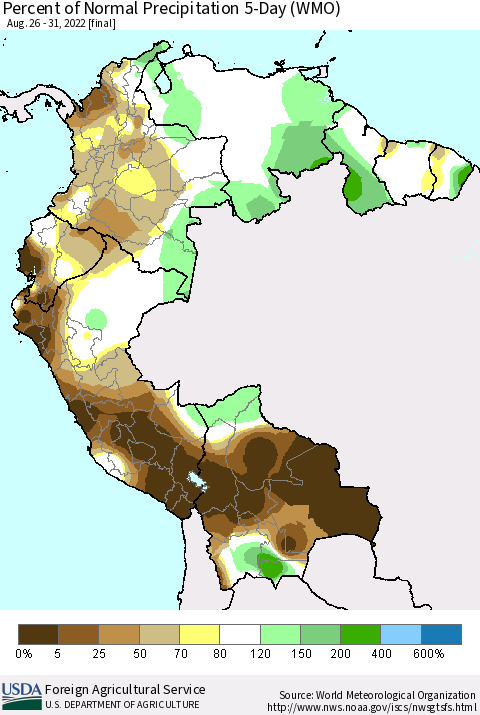 Northern South America Percent of Normal Precipitation 5-Day (WMO) Thematic Map For 8/26/2022 - 8/31/2022